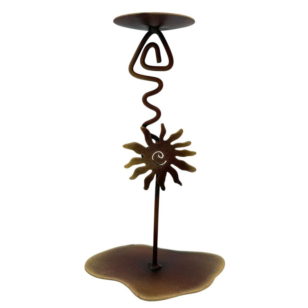 Vtg Mexico Wrought Iron Whimsy Sun Candle Holder Rustic Folk Art Celestial 10"